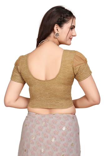 Image of SFT Women's Organza Patch Readymade Saree Blouse with Round Neck Half Sleeves Abstract Pattern Pull On Closure Regular Fit and Standard Length