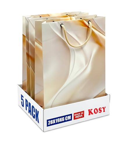 KOSY Paper Gift Bag for Gifting and Return Gifts Small Rectangular Multicolor Designer Printed Paper Carry Bag with Glossy Finish for Parties Clothing Accessories Pack of 5