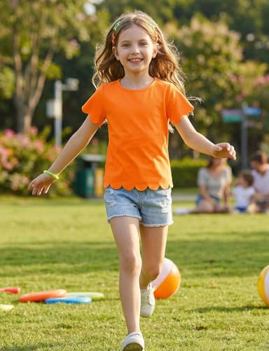 Image of Noomelfish Girls Short Sleeve Scalloped Edge T-Shirts Casual Cute Summer Tee Tops Blouse (5-12 Years)