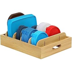 Winter Shore Organizador de Tapas de Plástico - Organizador Fregadero de Bambú para Cajones de Cocina y Almacenaje para Tapas, Recipientes de Comida - Con 5 Separadores Ajustables y Asas Talladas