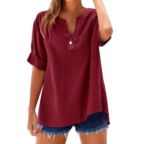 Women's Linen Button Down Shirts Short Sleeve V-Neck Tshirts Ligh...