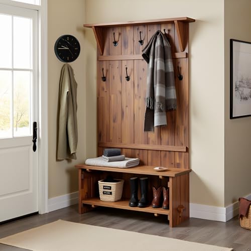 Alaterre Furniture Bethel 70-Inch Acacia Wood Hall Tree with Bench, Storage Shelves & Metal Coat Hooks – Entryway Organizer for Mudroom, Hallway, or Kitchen (Natural Aged Brown Finish)