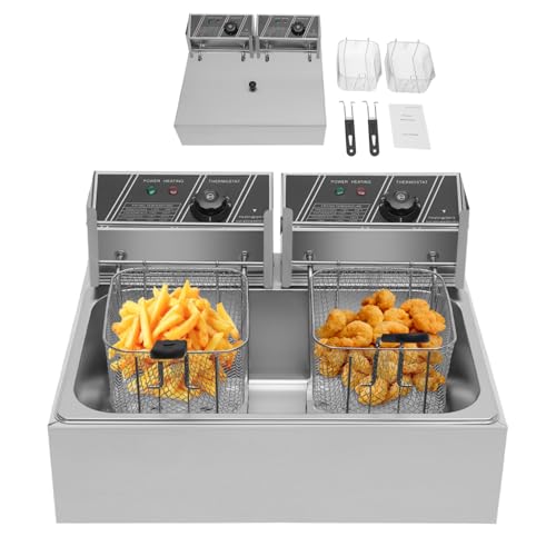 ROGONPDK Friggitrice elettrica professionale, doppia friggitrice elettrica da 12 l, in acciaio inox, doppia zona fredda, 3,2 KW Gastro zona fredda, friggitrice elettrica con controllo della