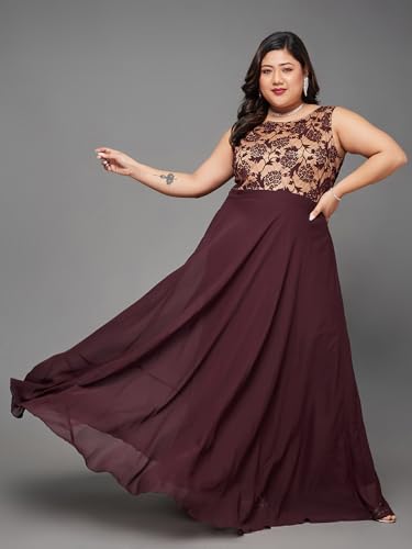 Image of Miss Chase A+ Women's Round Neck Sleeveless Georgette Floral Lace Fit & Flare Maxi Dress