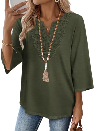 Image of WIHOLL 3 /4 Length Sleeve Womens Tops Boho V Neck Lace Shirt Trendy Blouses Dressy Casual Vacation Clothes S-3XL