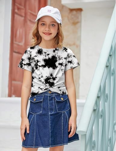 Image of Arshiner Girls Casual Tie Dye Short-Sleeve T-Shirt Cute Print Summer Blouse for Girls Twist Front Tunic Tee Tops