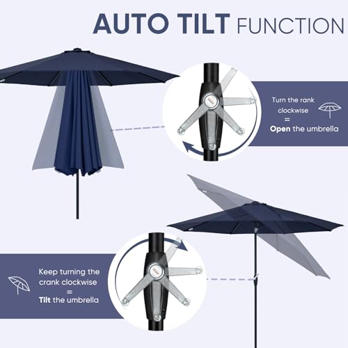 Image of Tempera Patio Market Outdoor Table Umbrella with Auto Tilt and Crank, Large Sun Umbrella with Sturdy Pole & Fade Resistant Canopy, Easy to Set