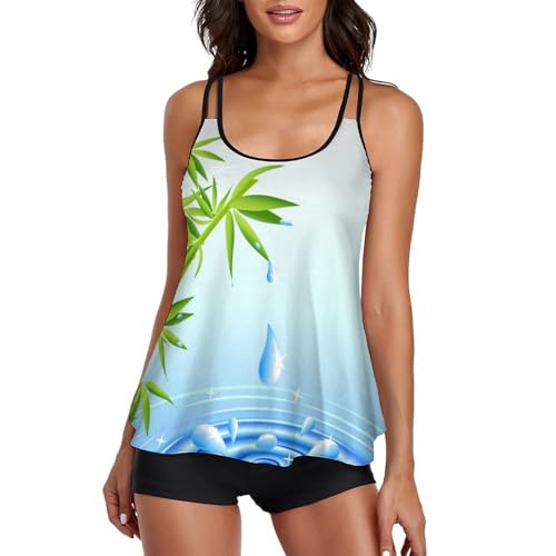 Maillot de bain tankini femme short de garçon et robe de plage bleu imprimé