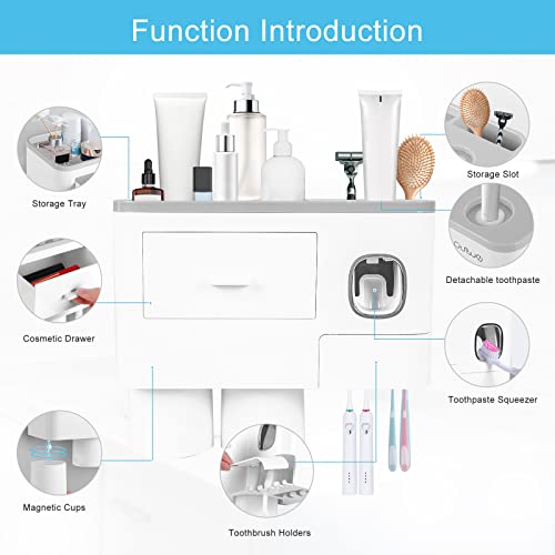 SKY-TOUCH Multifunctional Wall-Mounted Toothbrush Holder,Automatic Toothpaste Dispenser Space Saving Toothbrush Organizer,2 Cups and Drawers Cosmetic Organizer for Washroom and Bathroom