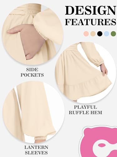 Girls' A-Line Casual Dress with Ruffle Hem Round Neck Teens Dress Long Puff Sleeve Junior Dresses for Teens, 5-14Y2