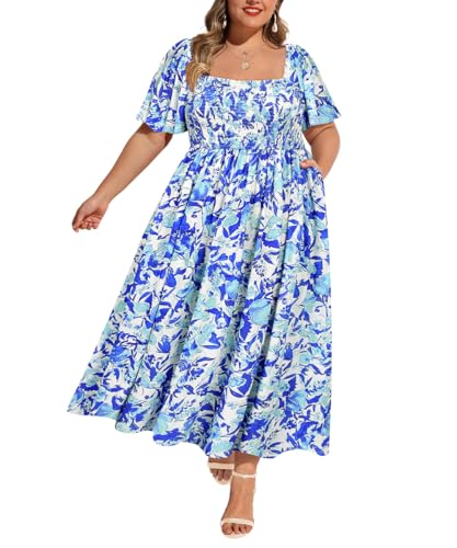 Image of RITERA Plus Size Dresses for Curvy Women Square Neck Short Sleeve Summer Floral Smocked Maxi Dress with Pocket XL-5XL