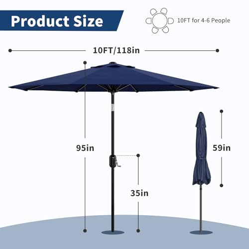 Patio Umbrella 10ft, Table Umbrella Outdoor Patio UV Protection with Crank Lift & Push Button Tilt, 8 Sturdy Ribs for Yard, Deck, Pool - Navy Blue