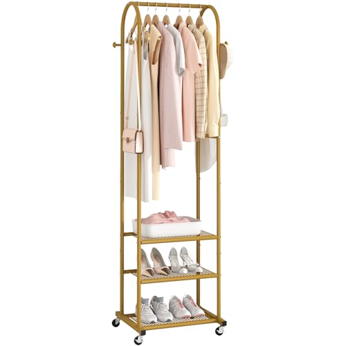 Image of Kaitiemoo Heavy Duty Clothing Rack with Wheels,Modern Garment Rack with 3 Metal Shelves, 71.8Inches Display Rack for Hanging Clothes, Hanging Rod for Small Space,Gold