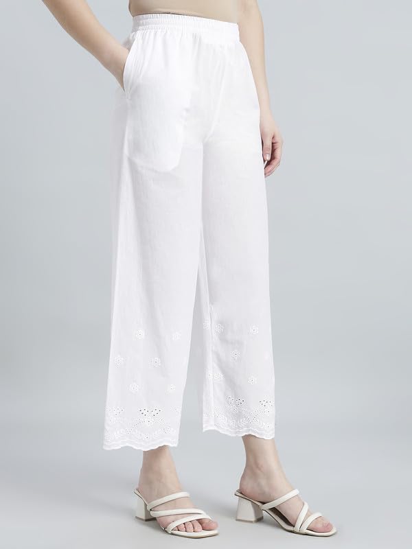 Image of GO COLORS Women Cotton Hakoba Wide Pant Ankle Length, Floral Embroidery, Relaxed Fit, Mid-Rise with Side Pocket
