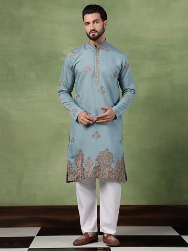 Image of SOJANYA (Since 1958 Men's Cotton Contrast Coffee Thread Embroidered Long Kurta