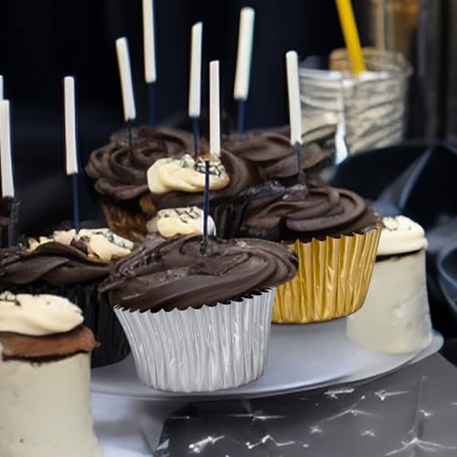 Moldes para cupcakes metalizados Whaline, 150 cápsulas de aluminio negro, plata y dorado para fiestas 7
