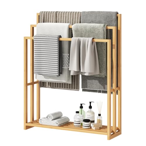 oakvivo Free Standing Towel Rack 3 Tier Bamboo Blanket Rack for Bathroom Blanket Drying and Display Racks with Shelf Blanket Holder for Oversized Bath Towels (Natural)
