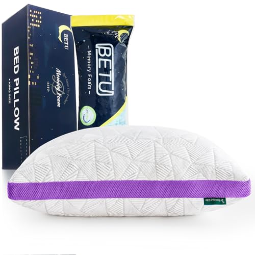 Image of BETU Cooling Pillow King Size, Shredded Memory Foam Pillows for Hot Sleepers, Adjustable Firm Bed Pillows, Hotel Collection Side Sleeper Pillow for Back Pain, Neck, Purple, 20 inchx36 inch