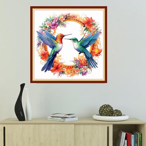 Image of Foxhool Beginners Cross Stitch Kits Stamped Full Range of Embroidery Kits for Adults DIY Cross Stitches kit Embroidery Patterns for Needlepoint kit-Hummingbird Wreath 18x18 inch