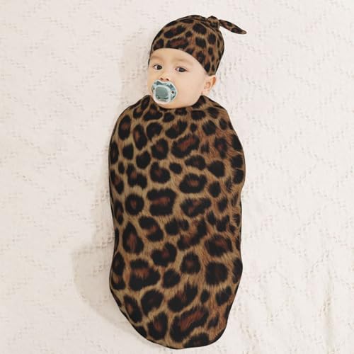 Image of Dark Light Brown Leopard Print Swaddle Blanket with Beanie Hat Set Newborn Swaddle Wrap Soft Baby Receiving Blankets Baby Swaddle Blanket for Baby Boys and Girls