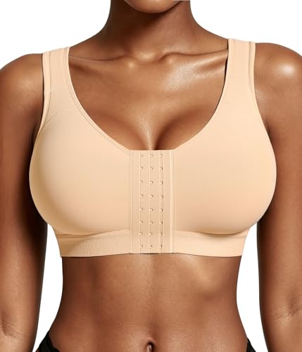 BRABIC Post Surgery Compression Bras for Womens Front Closure Full Coverage Surgical Bra with Adjustable Straps Wireless Bralette Beige L