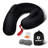 Patented Design Inflatable Travel Neck Pillow – Airplane Neck Pillow with 360° Head & Neck Support, Soft Washable Velvet Cover, Compact Neck Support Pillow for Airplane,Train,Car,Office & Home (Black)
