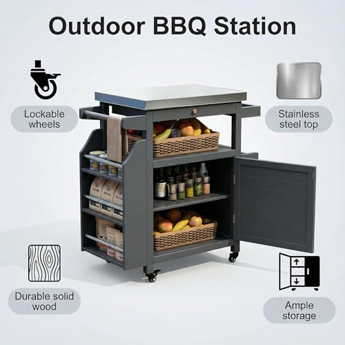 Girarvs Outdoor Grill Carts Table with Storage Stainless Steel Top Prep Station, Mobile Grill Cart on Wheels, Solid Wood for Backyard Patio BBQ (Dark Gray) - Thumbnail 4