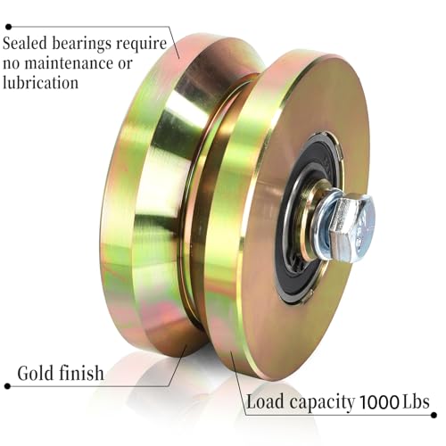 Goaste 2 Pack 4" Solid Slide V Groove Wheels, Heavy Duty Sliding Gate Casters, 1-3/4" Width Rolling Gate Wheels with Screw & Double Bearings for Industrial Machines Rail, Load Capacity 1000 Lbs by Goaste - Image 3