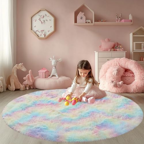 Round 5x5 ft Fluffy Rainbow Rug - Ultra Soft Plush Nursery Rug