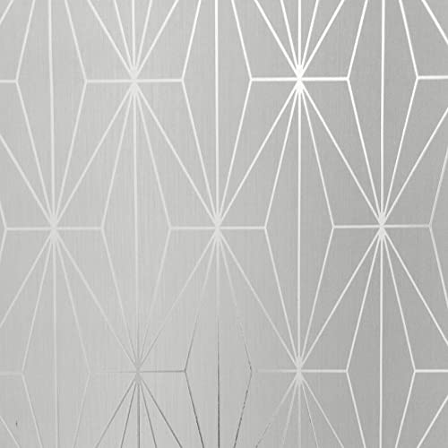 Muriva Kayla Metallic Geometric Diamond Triangles Vinyl Wallpaper Shiny Embossed Heavyweight 10m Roll Dove & Silver 703010