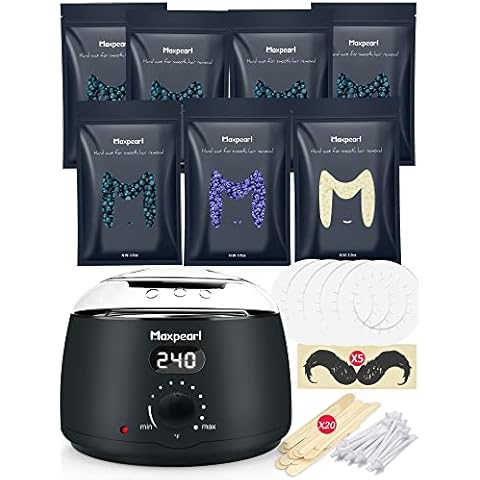 Maxpearl Home Digital Waxing Kit - 7 Packs of Hard Wax Beads for All Over Body Hair Removal + Digital Wax Warmer + Waxing Applicators Cover