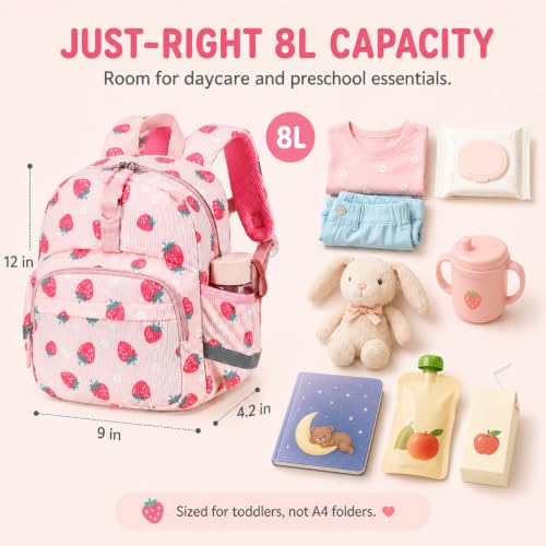 Image of LOIDOU Toddler Backpack for Girls Ages 2-4, 12 Inch Mini Preschool Daycare Bookbag with Insulated Snack Pocket, Corduroy Small Kids Travel Backpack, Pink Strawberry