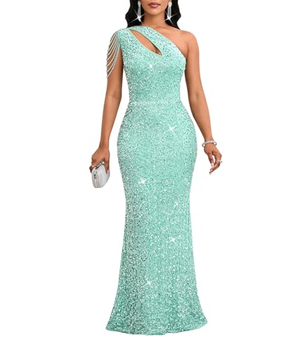 Image of Cololura Women Sequin Elegant Sexy One Shoulder Tassel Mermaid Bodycon Cocktail Evening Dress
