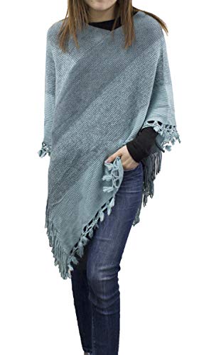 StylesILove Women Color Block Fringe Tassel Poncho Sweater Pullover Cardigan Wrap Topper for Warm Seasons (Teal)