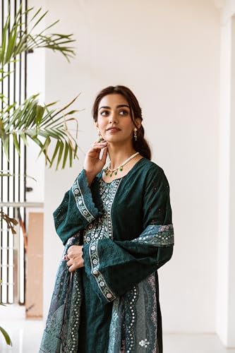Image of ishin Embellished Yoke Cotton Schiffli Kurta Paired with Lace Hemlined Pants and Art Silk Dupatta