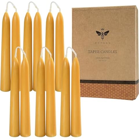 Natural Beeswax Taper Candles, DEYBBY Smokeless and Dripless Beeswax Candles, Hrs Burn Time, Nontoxic, 6 inch, 12 Pack Cover