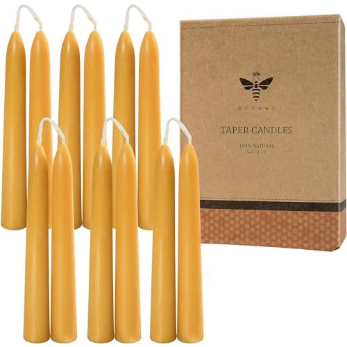 6'' Natural Beeswax Taper Candles Set of 12, DEYBBY Smokeless and Dripless Beeswax Candles, 4-5Hrs Burn Time, Nontoxic