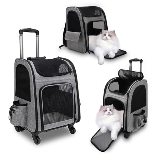 Zaino Gatto Trasporto, Trasportino Gatto Ruote Trasportino Zaino per Cani con Ruote, Adatto per Cani e Gatti Fino a 15 Kg, Ideale per Passeggiate, Viaggi e Visite dal Veterinario