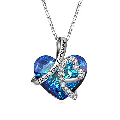 AOBOCO I Love You Forever Necklace 925 Sterling Silver Heart Pendant with Crystals from Austria Christmas Wedding Gifts for Wife Jewelry for women