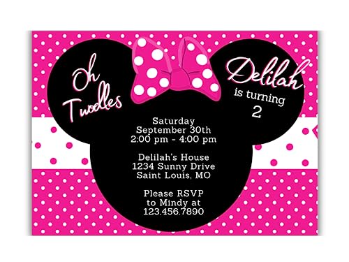 The Melange Market Minnie Mouse Inspired Birthday Party Invitations, 20 invitations per set, 4 inches by 6 inches, Personalized, Envelopes Included