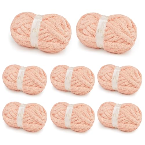 Chunky Yarn for Hand Knitting, Chunky Chenille Blanket Yarn for Crocheting, Bulky Soft Fluffy Chenille for Blanket Project, 8 Pack of 8oz/25yds, Pale Peach