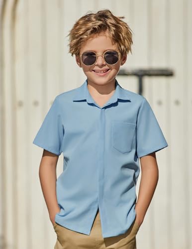 Image of Arshiner Boys Short Sleeve Dress Shirts Solid Button Down Shirts | formal Uniform School Shirt, for 4-12 Years, Hidden Buttons, with Chest Pocket, Regular Fit, Summer Tee top for Kids