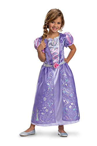 Vestido clásico Rapunzel del 100 aniversario de Disney, con licencia oficial. Cuenta con un corpiño y falda brillantes de platino. Perfecto para el Día Mundial del Libro, Halloween o fiestas de