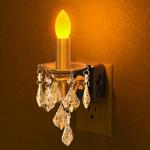 Image of Briignite Chandelier Night Lights Plug into Wall,Amber Night Light Dimmable | Dusk to Dawn Sensor, 0-100LM Dimmable, Decorative Gold Candle-Style Nightlight Vintage, Bedroom, Bathroom, Hallway, Stairway