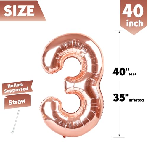 Image of 40 In Rose Gold Number 3 Balloon, 3rd Birthday Party Decorations for Women | 40 Inch Rose Gold inflatable foil number balloons, large birthday decorations for 3rd birthday