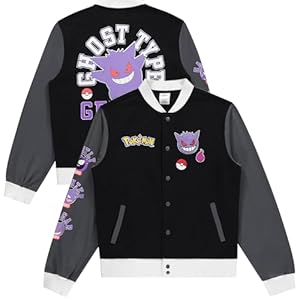 Pokemon Gengar Snap Varsity Veste pour homme – Veste Letterman pour adultes avec patchs brodés – Veste élégante à boutons pression, noir, Medium