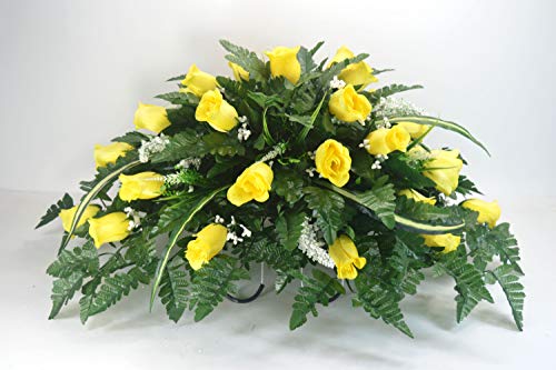 R14 Yellow Rose Buds Cemetery Flower Arrangement, Headstone Saddle, Grave, Tombstone Arrangement, Cemetery