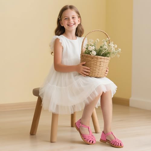 Image of PANDNAINJIA Toddler Girls Sandals T-Strap Dress Summer Shoes | Litte Kids Closed Round toe Strappy Adjustable Non-slip Flower Girl Wedding Party Sandal