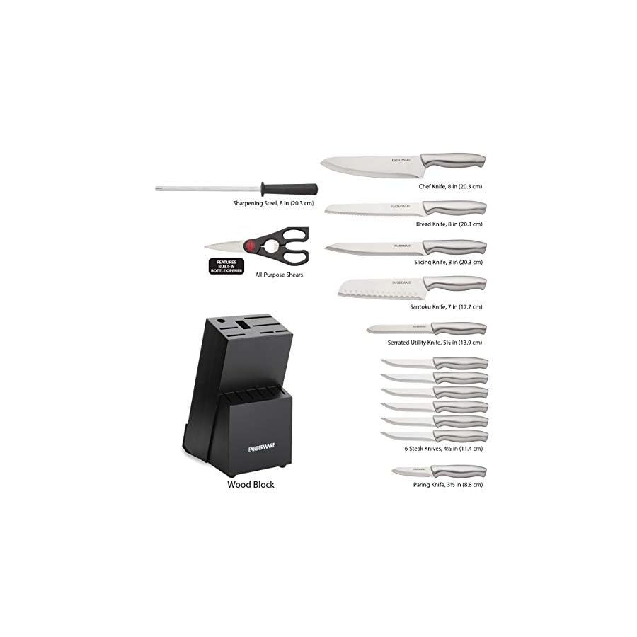 Farberware-15-Piece-Stamped-Stainless-Steel-Knife-Block-Set-High-Carbon-Stainless-Steel-Kitchen-Knife-Set-with-Ergonomic-Handles-Razor-Sharp-Knives-with-Wood-Block-15-Piece-Black-2 Farberware 15-Piece Stamped Stainless Steel Knife Block Set, High-Carbon Stainless Steel Kitchen Knife Set with Ergonomic Handles, Razor-Sharp Knives with Wood Block, 15-Piece, Black 2
