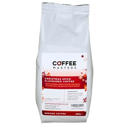 Coffee Masters Christmas Coffee 200g Ground Coffee - Festive Flavoured Beans Spiced with Cinnamon, Buttery Hazelnut and Chocolate - Ideal for Cafetiere, French Press and Filter Barista Machine